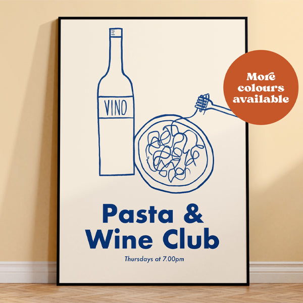 PASTA AND WINE CLUB PRINT CREAM AND BLUE A4