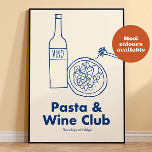 PASTA AND WINE CLUB PRINT CREAM AND BLUE A3