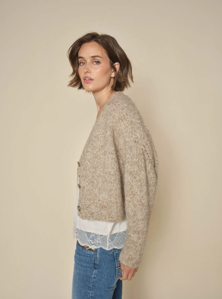 MosMosh Zela Knitted Cropped Oversized Cardigan Oatmeal Melange