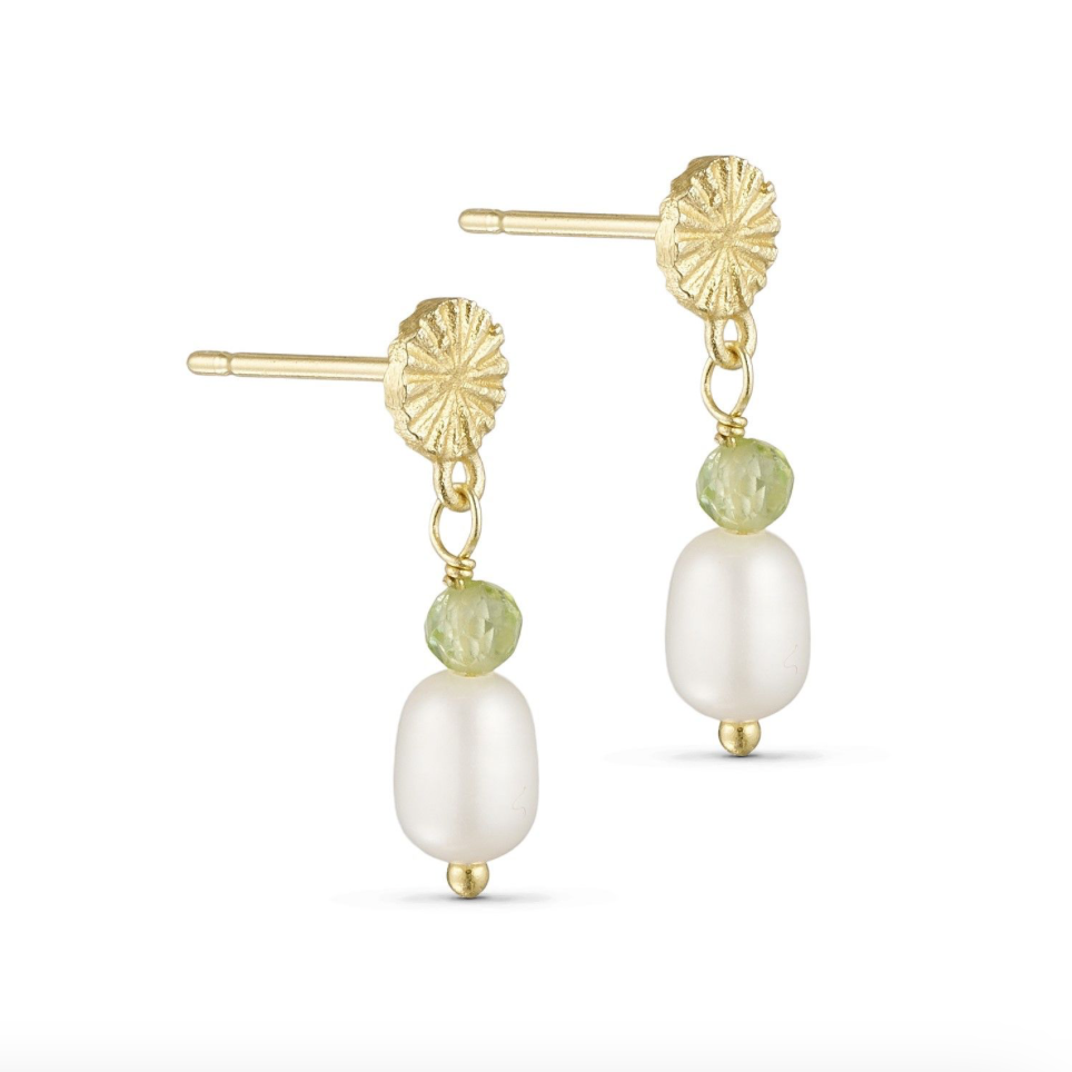 Gold Earrings with Pearl and Green Stone