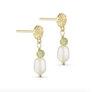 Gold Earrings with Pearl and Green Stone