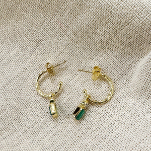 NVE-05 Gold Hoop Earrings with Green Onyx Drop Charm