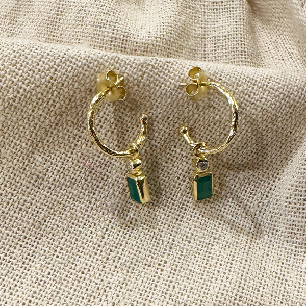 NVE-05 Gold Hoop Earrings with Green Onyx Drop Charm