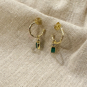 NVE-05 Gold Hoop Earrings with Green Onyx Drop Charm