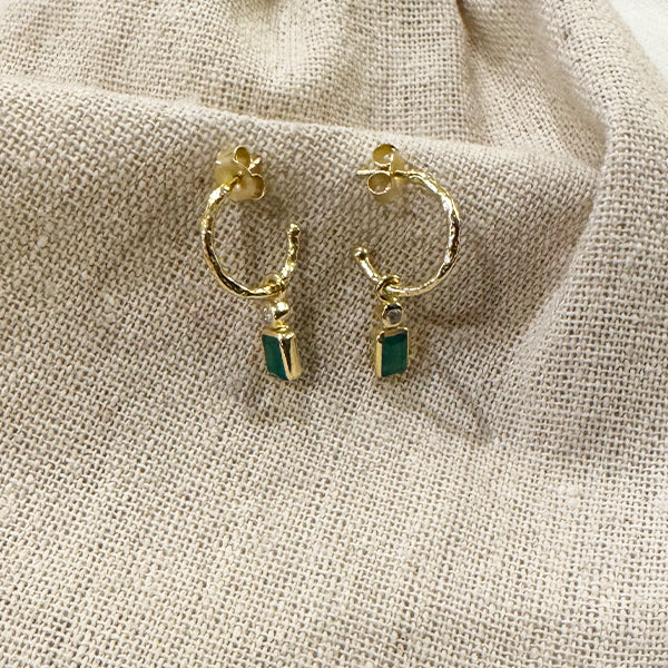 NVE-05 Gold Hoop Earrings with Green Onyx Drop Charm