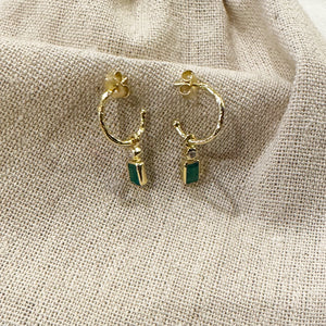 NVE-05 Gold Hoop Earrings with Green Onyx Drop Charm