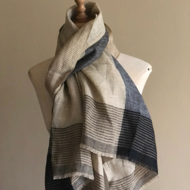 Black and Taupe Lines Linen Scarf